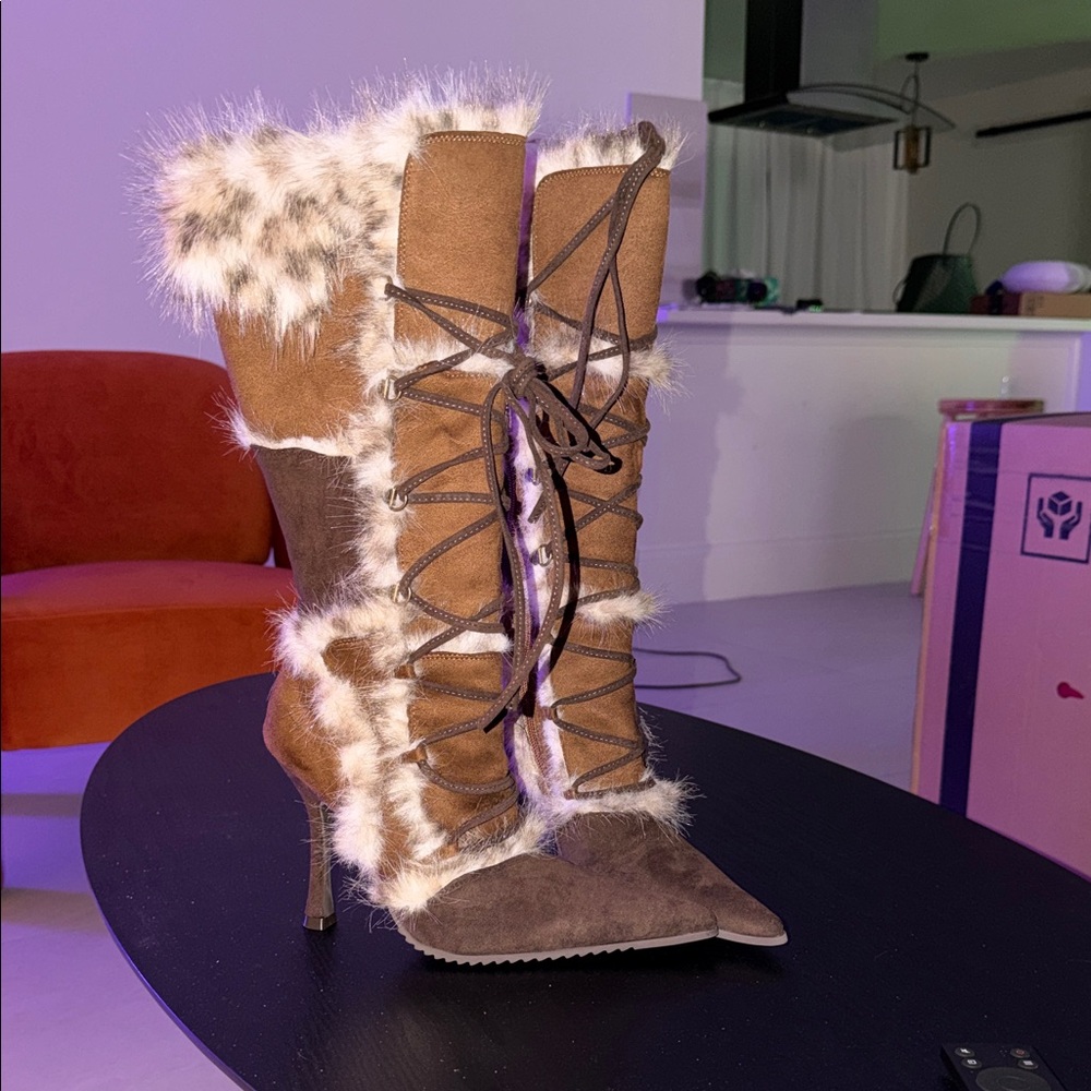 Current Mood Brown Fur-Trimmed Heeled Boots